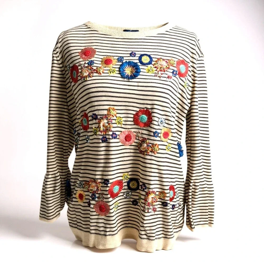 Talbots Sweater Ivory Black Striped Floral Embroidered Beaded Ruffle Cuff M‎